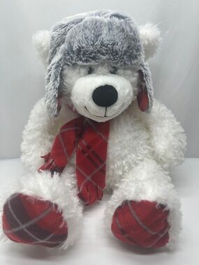 Plush White Bear with Red Plaid Scarf and Earflap Hat